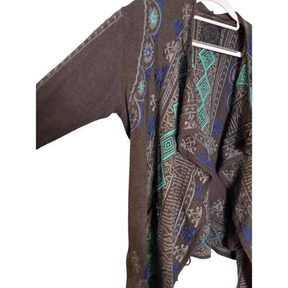 Biya Johnny Was black blue embroidered drapery Aztec print cardigan sweater - Picture 5 of 8